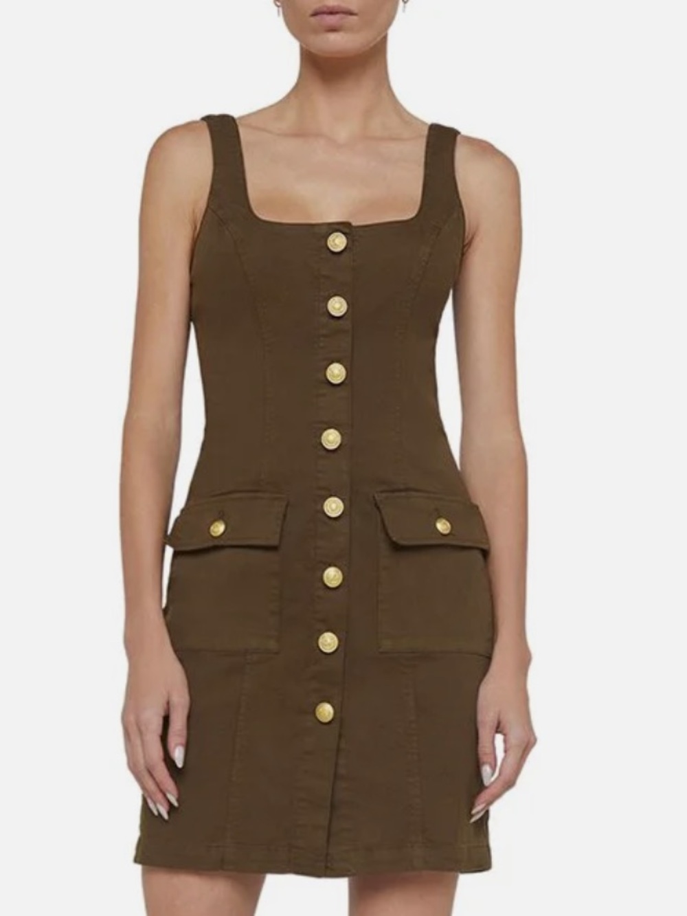 L'AGENCE Olive Green Button-Front Midi Dress